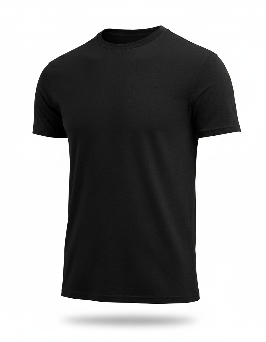 Men's black crew-neck short-sleeve T-shirt, plain front.
