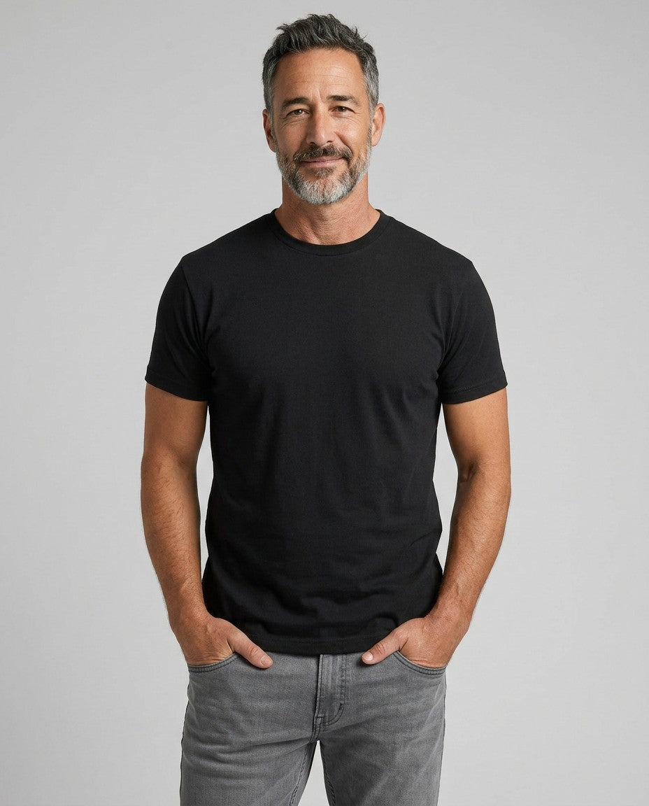 Men's black crew-neck short-sleeve T-shirt, relaxed fit, straight hem.