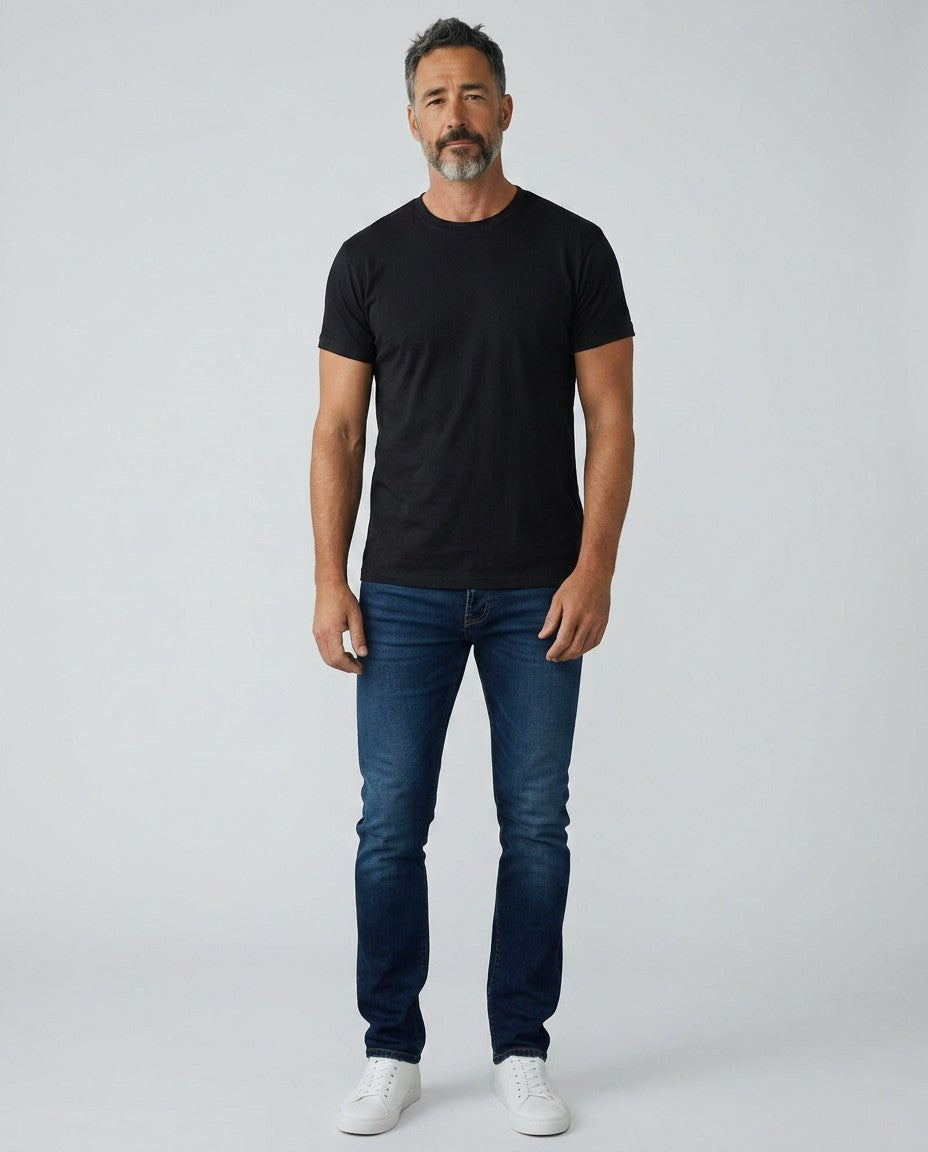 Men's black crew-neck short-sleeve T-shirt, straight hem, front view.