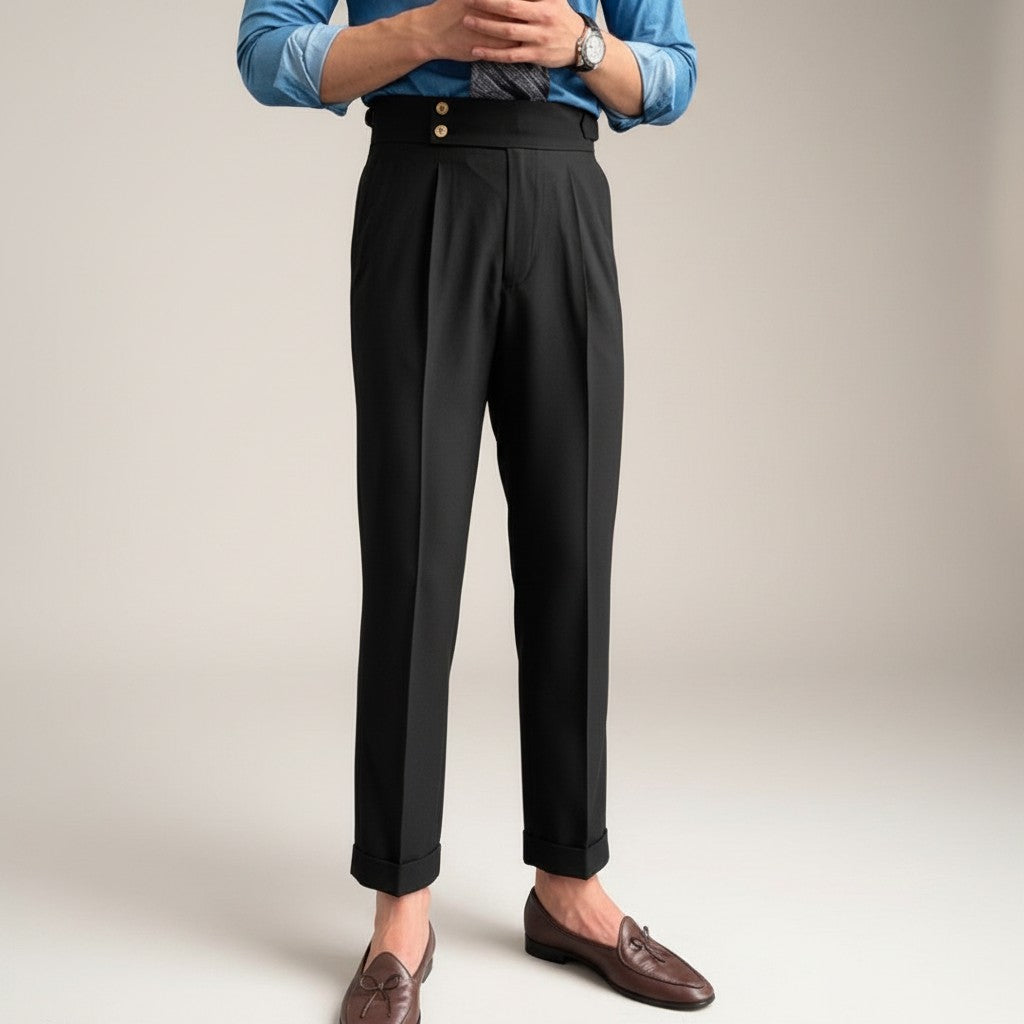 Men's high-waisted straight-leg tailored trousers in black, standing full-body view