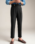 Men's high-waisted straight-leg tailored trousers in black, standing full-body view