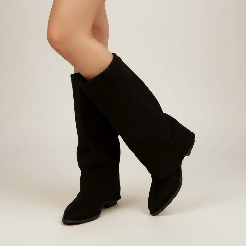 Black knee-high chunky heel boots, suede-look, angled view with cushioned toe
