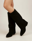 Black knee-high chunky heel boots, suede-look, angled view with cushioned toe