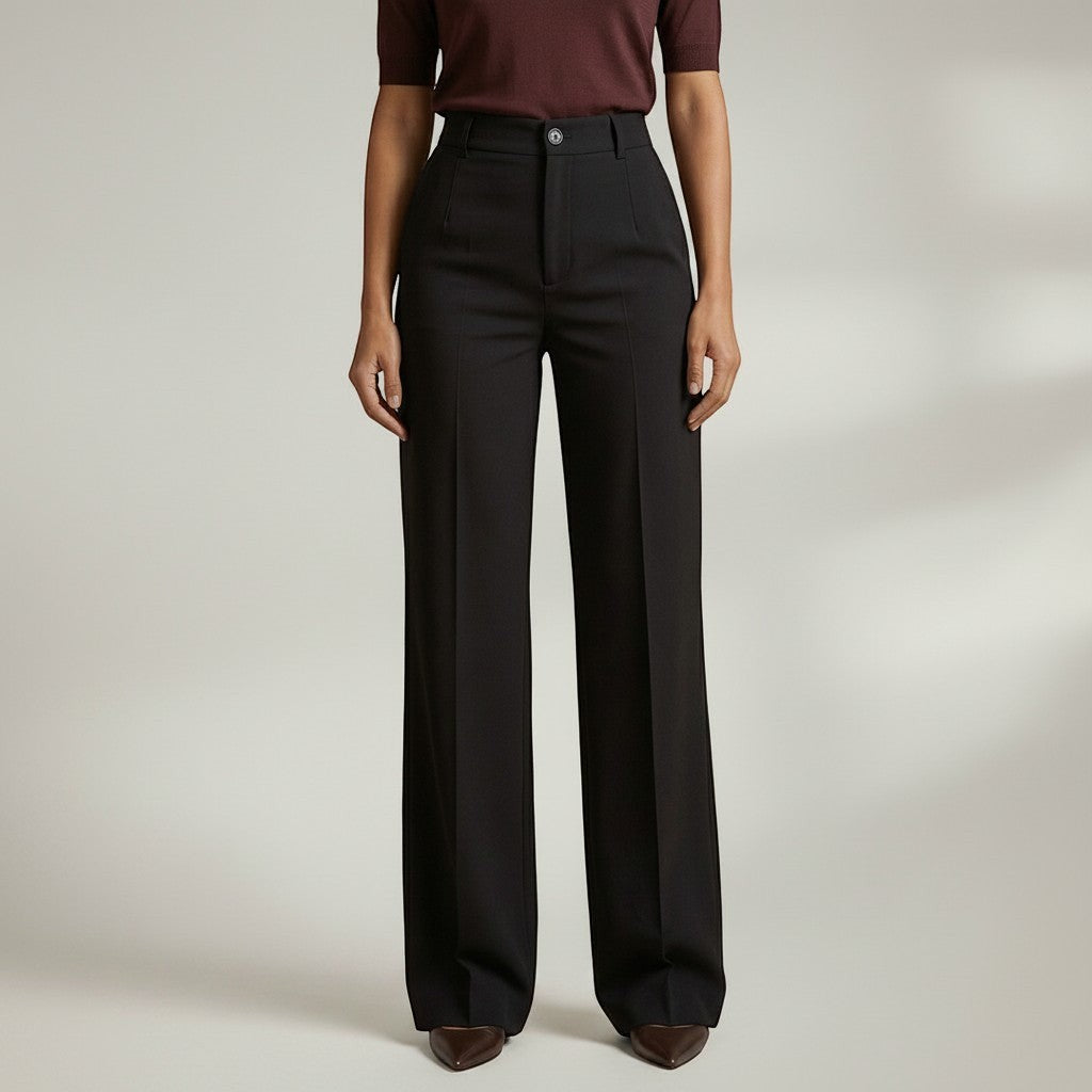 Black high-waist tailored trousers with button closure, belt loops, and straight leg fit
