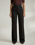 Black high-waist tailored trousers with button closure, belt loops, and straight leg fit