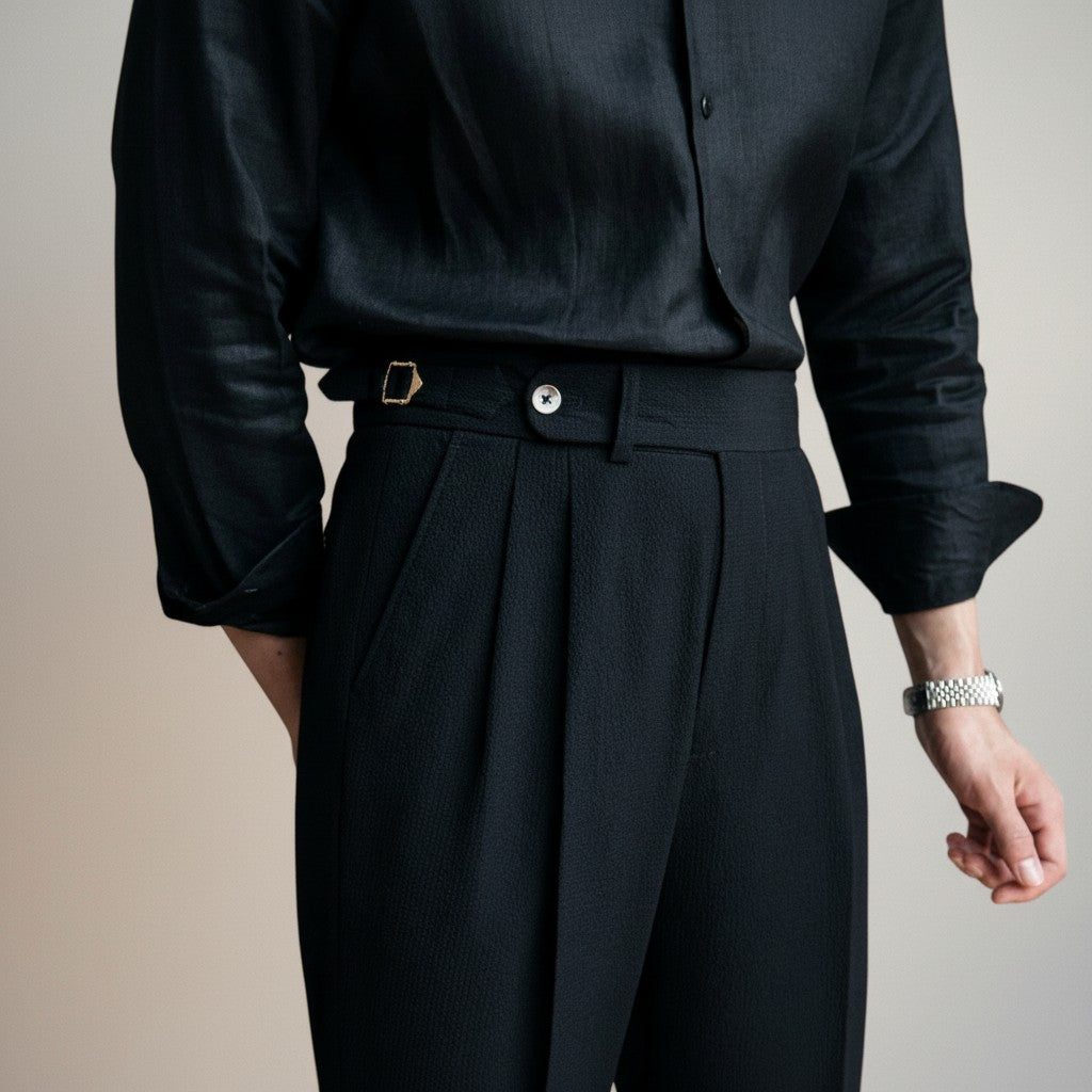 High-waisted tailored trousers in beige, pleated front and buttoned waistband