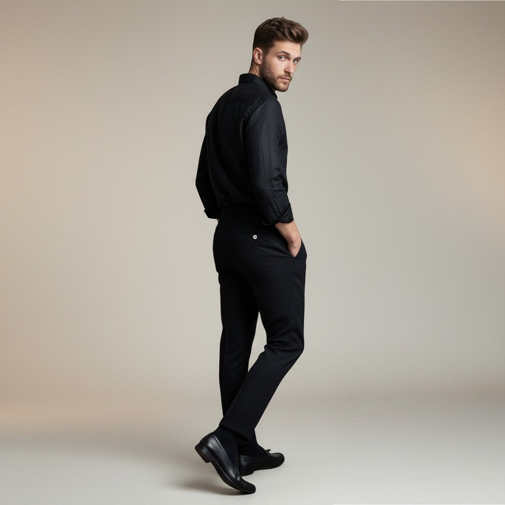 High-waisted tailored trousers in black, tapered legs and front button closure