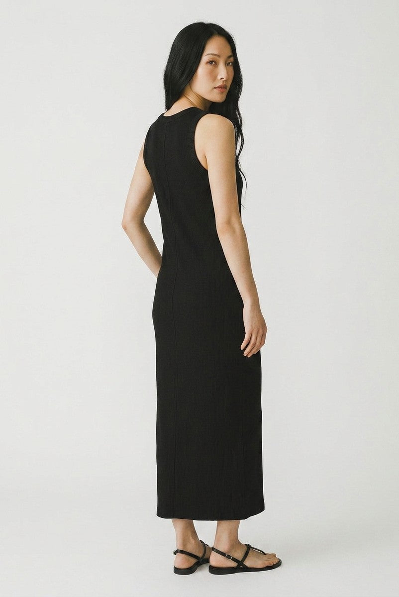 Black sleeveless ribbed knit midi dress, round crew back, slim fit.
