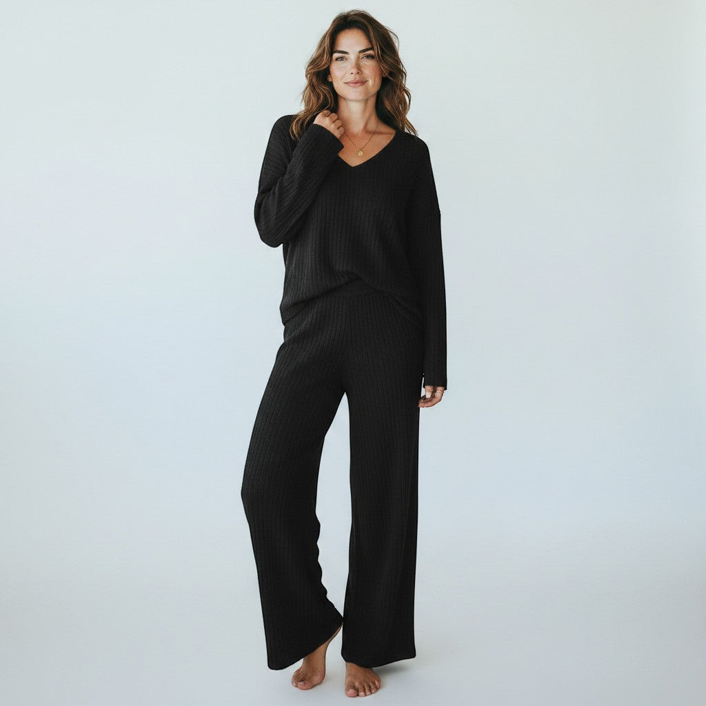 Black ribbed knit V-neck top and wide-leg trousers loungewear set