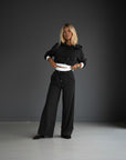 Black relaxed-fit tracksuit: pullover hoodie with drawstrings and wide-leg drawstring pants