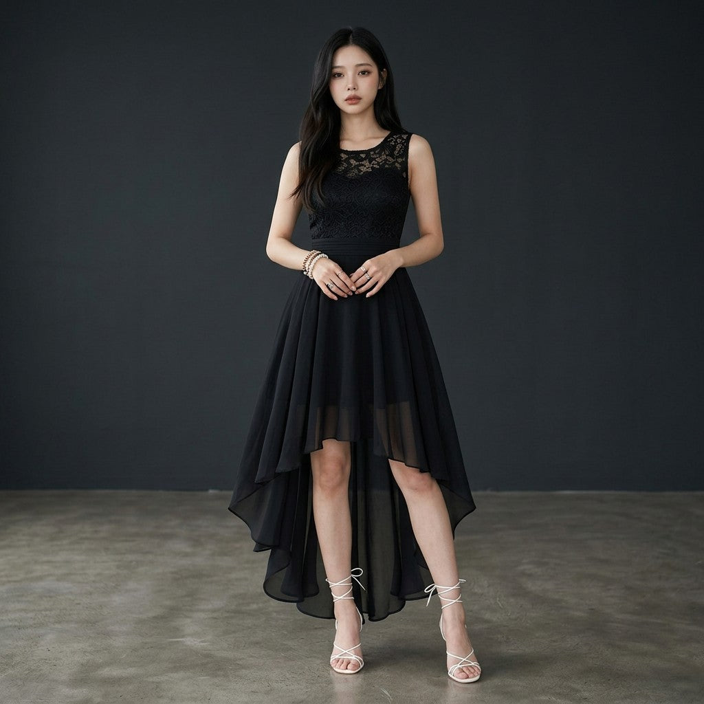 Black sleeveless high-low cocktail dress with lace bodice and chiffon layered skirt