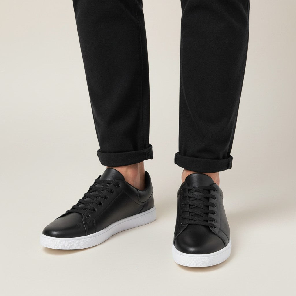 Black low-top trainers with lace-up closure and white sole worn with black trousers