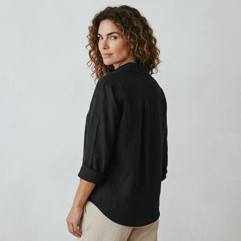 Black linen-cotton blend button-up shirt, back view, three-quarter sleeves