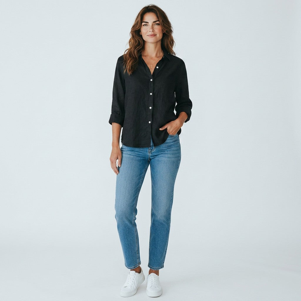 Black linen-cotton blend button-up shirt with three-quarter sleeves
