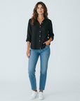 Black linen-cotton blend button-up shirt with three-quarter sleeves
