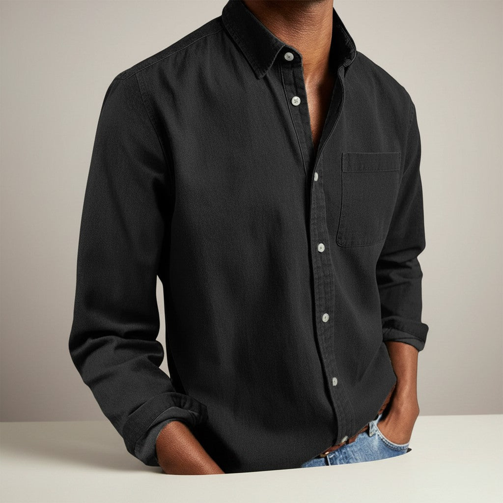 Men's slim fit long sleeve button-up shirt, solid black with chest pocket