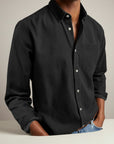 Men's slim fit long sleeve button-up shirt, solid black with chest pocket