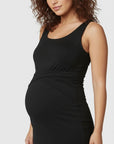 Black sleeveless maternity bodycon midi dress with draped wrap waist panel