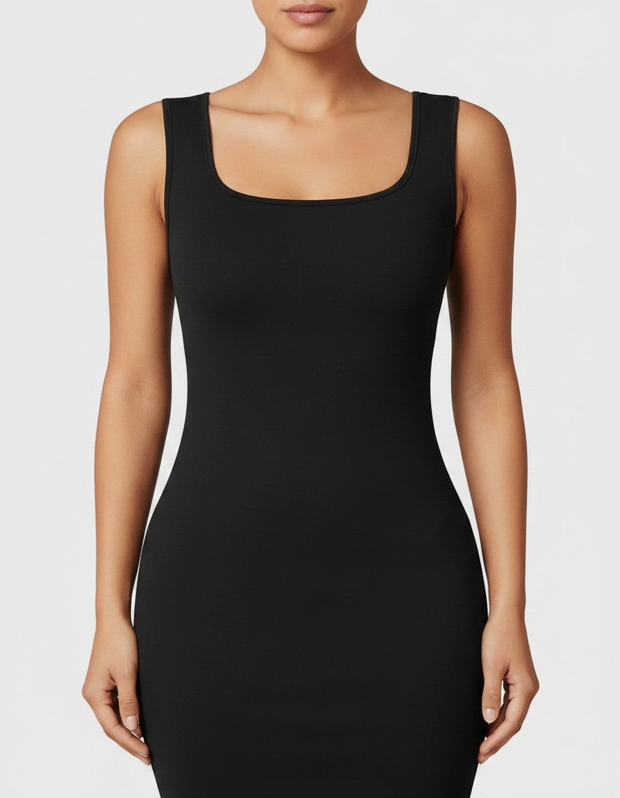 Black sleeveless scoop-neck maternity bodycon midi dress with smooth fitted front