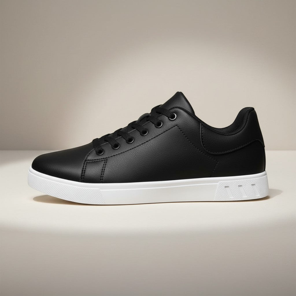 Black low-top trainers with lace-up front, white midsole and textured outsole