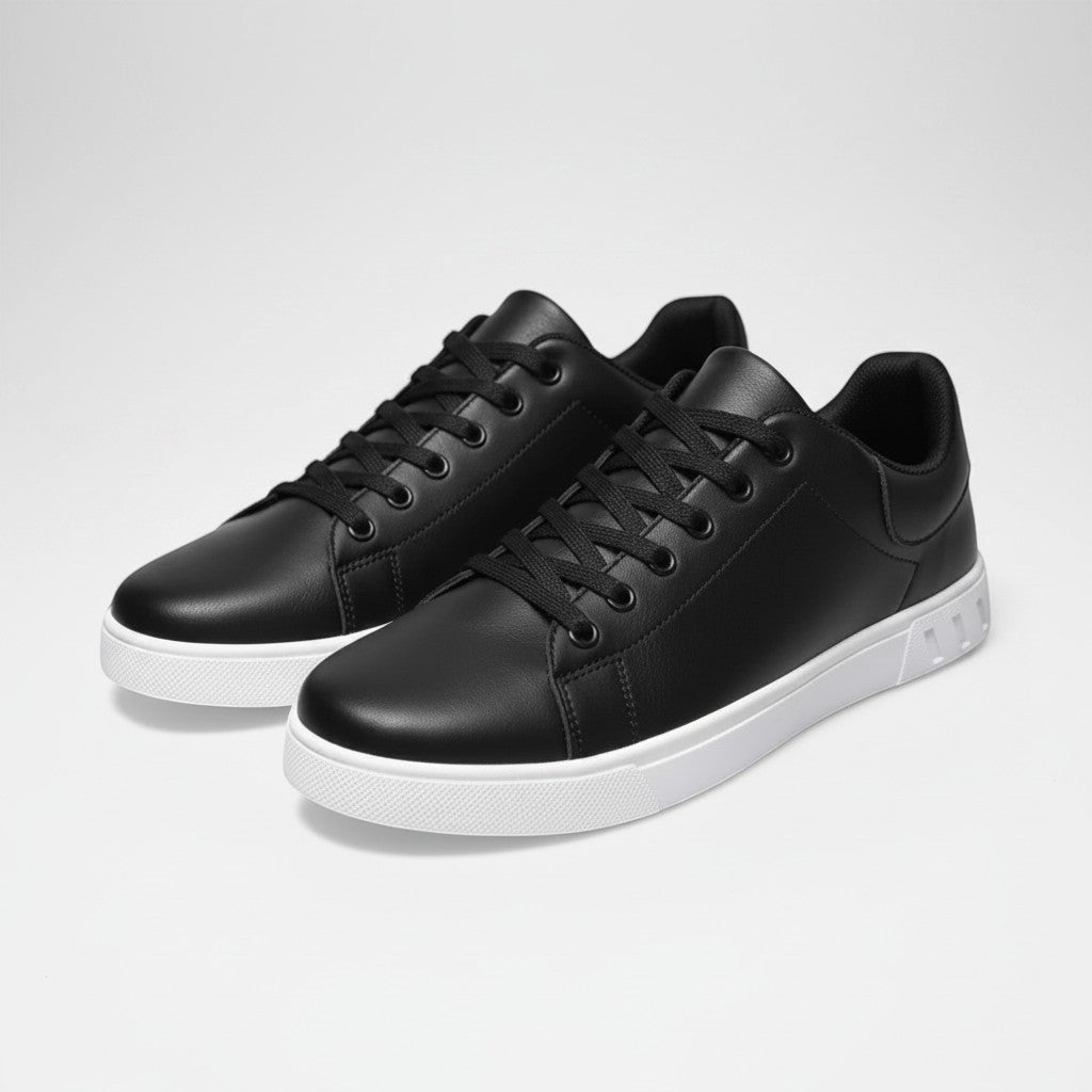 Black leather low-top trainers with lace-up front and white rubber sole