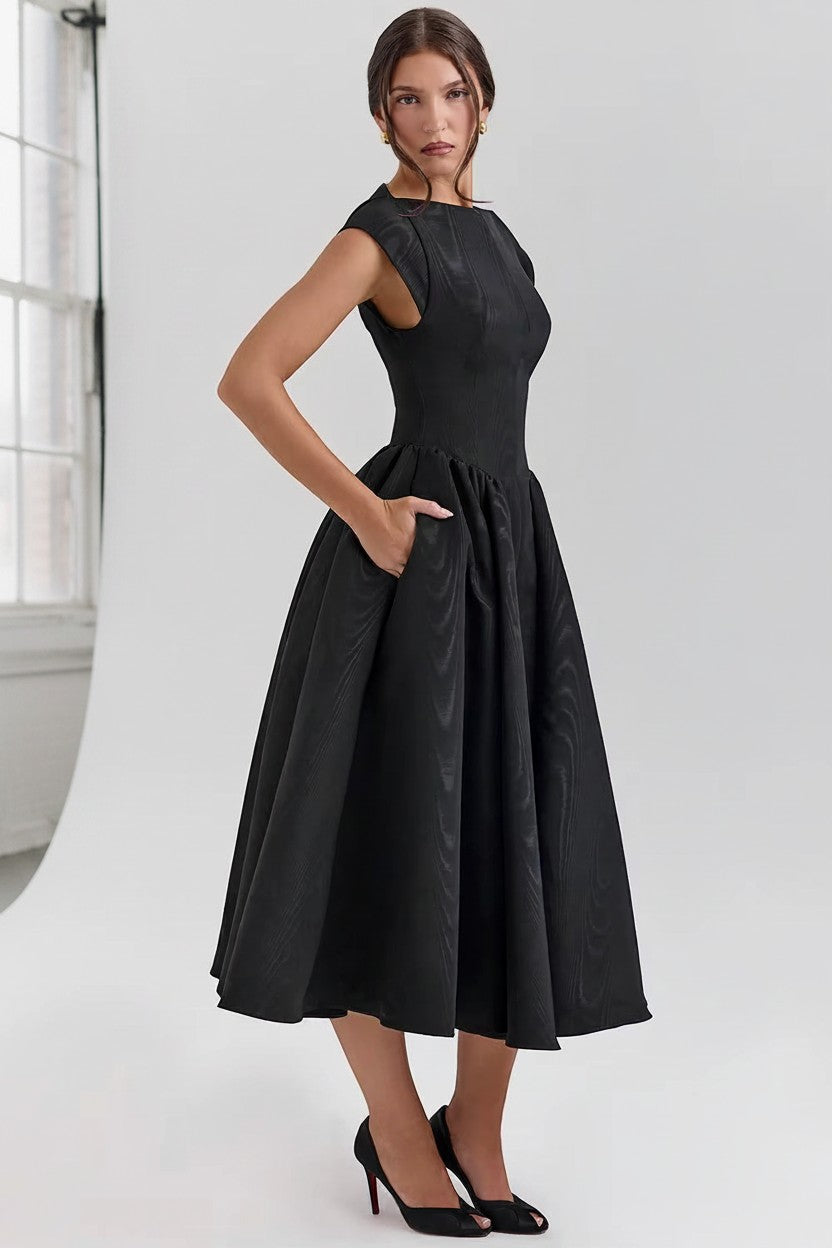 Black cap-sleeve midi dress with fitted waist and full gathered skirt