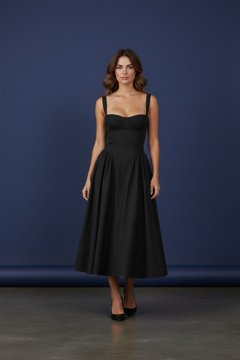 Black fitted midi dress with adjustable spaghetti straps and gathered A-line skirt