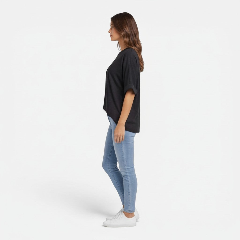 Women's cotton T-shirt, black, crew neck back, short sleeves, relaxed fit