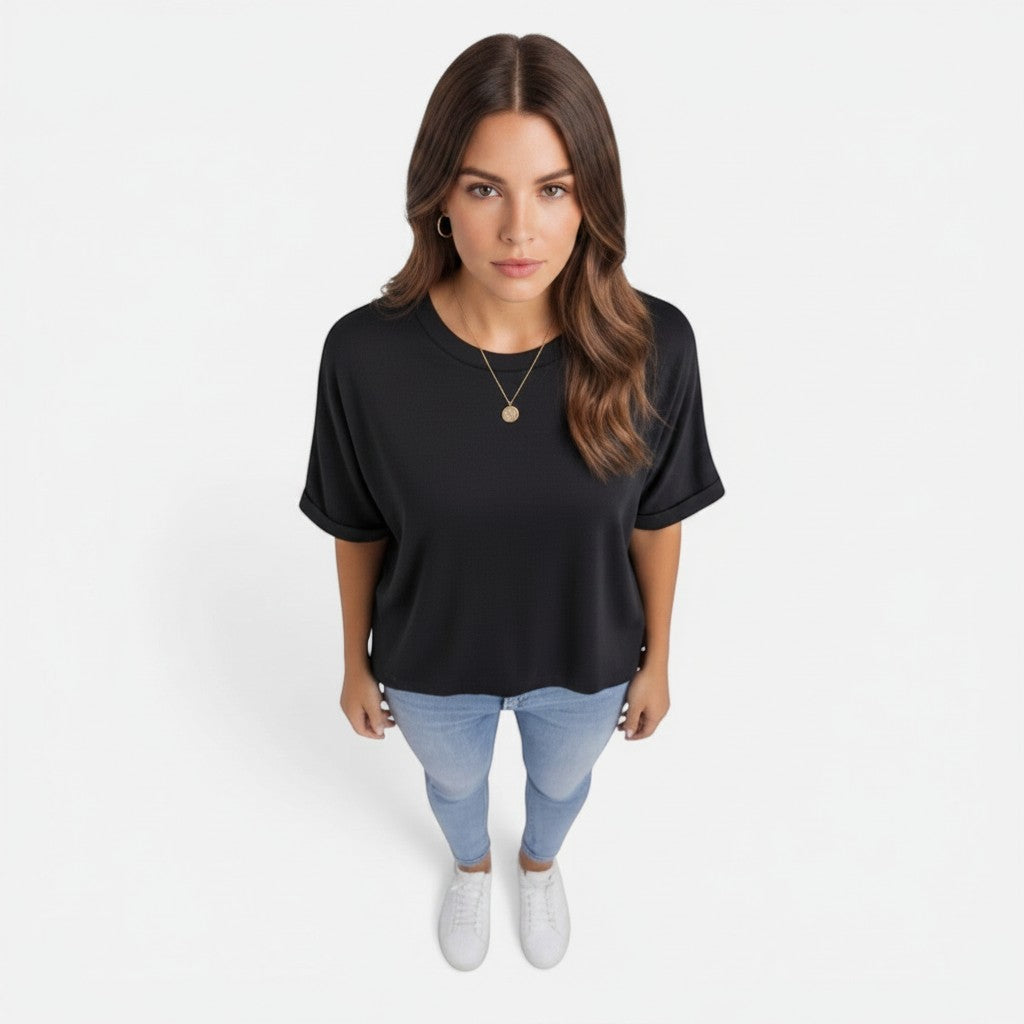 Women's cotton T-shirt, black, crew neck, short sleeves, relaxed draped fit