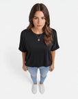 Women's cotton T-shirt, black, crew neck, short sleeves, relaxed draped fit