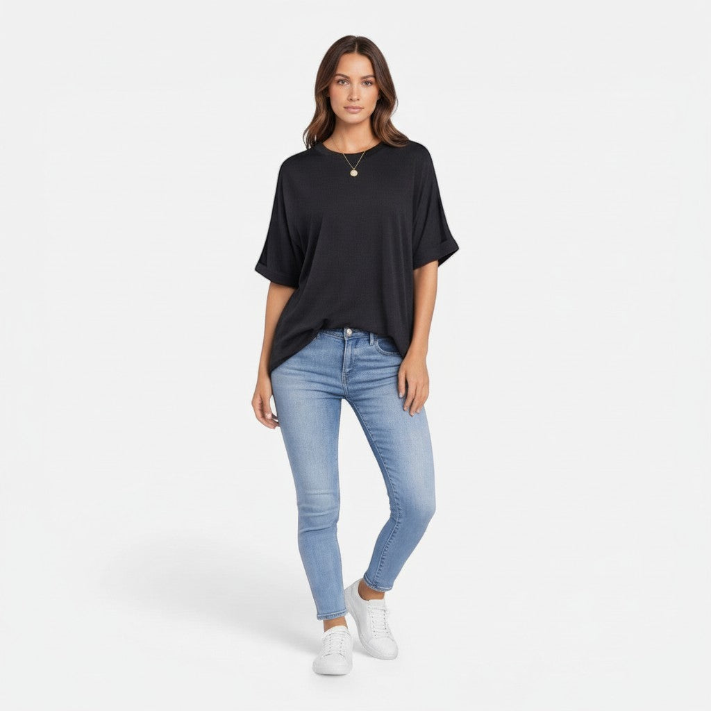Women's cotton T-shirt, black, crew neck, short sleeves, relaxed oversized fit