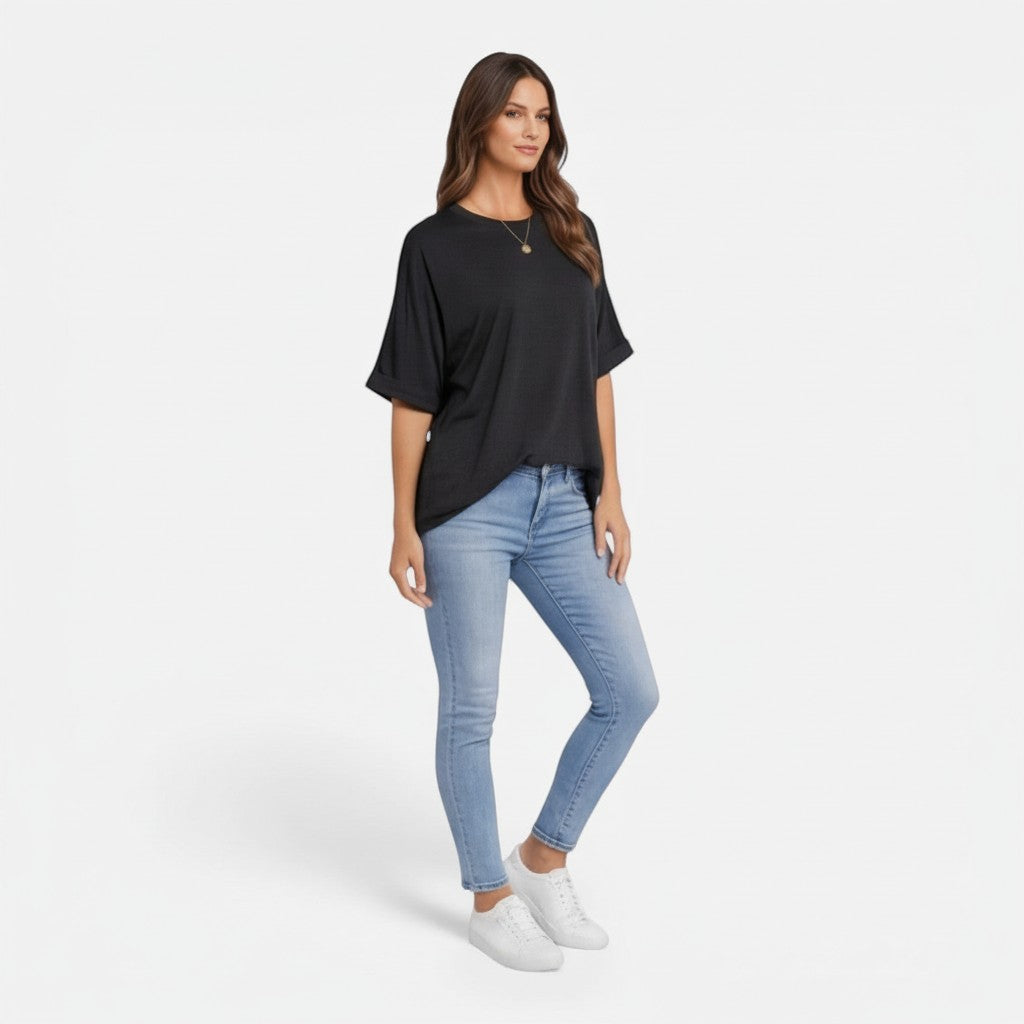 Women's cotton T-shirt, black, crew neck, short sleeves, loose drape