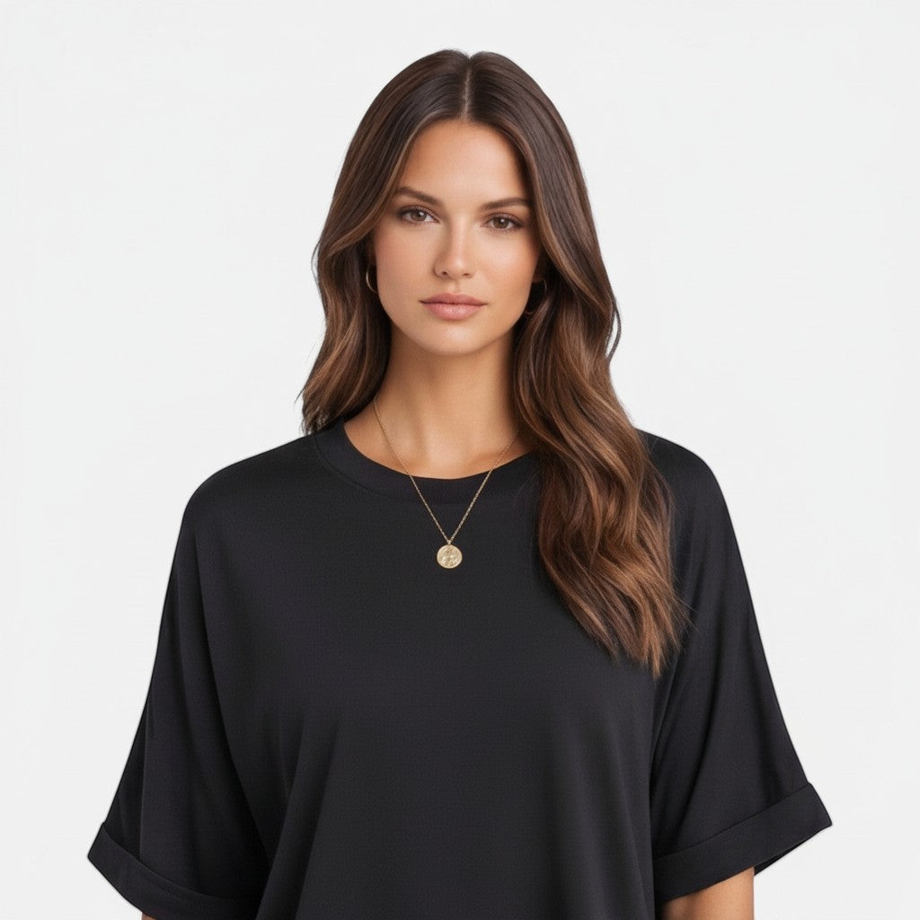 Women's cotton T-shirt, black, crew neck, short sleeves, relaxed oversized fit