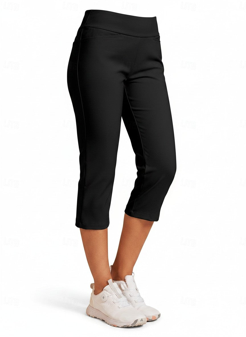 Black capri pants with smooth pull-on waistband and cropped tapered legs