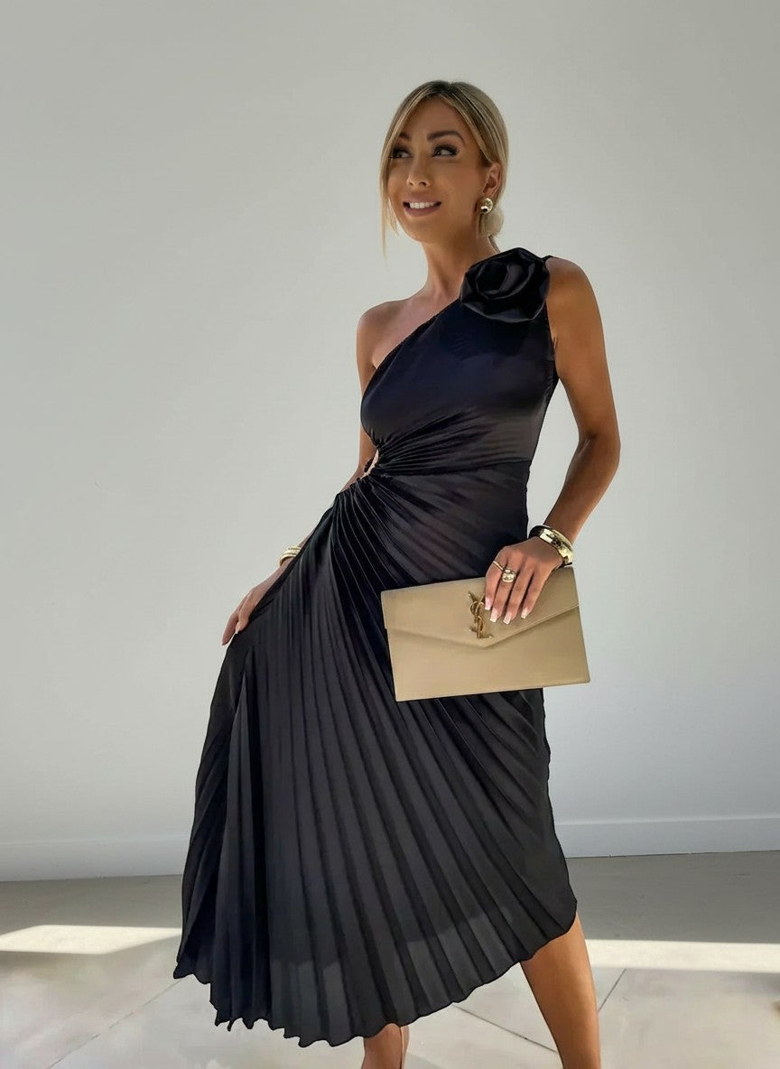 Black pleated one-shoulder maxi dress with ruched waist and diagonal neckline