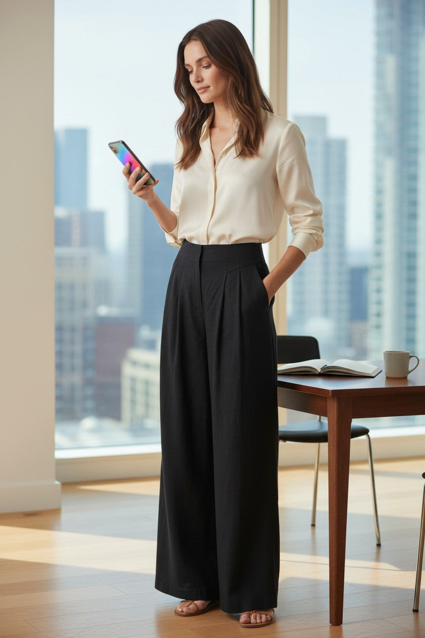 Black linen-blend wide-leg trousers, high-waist with pleated front and wide legs