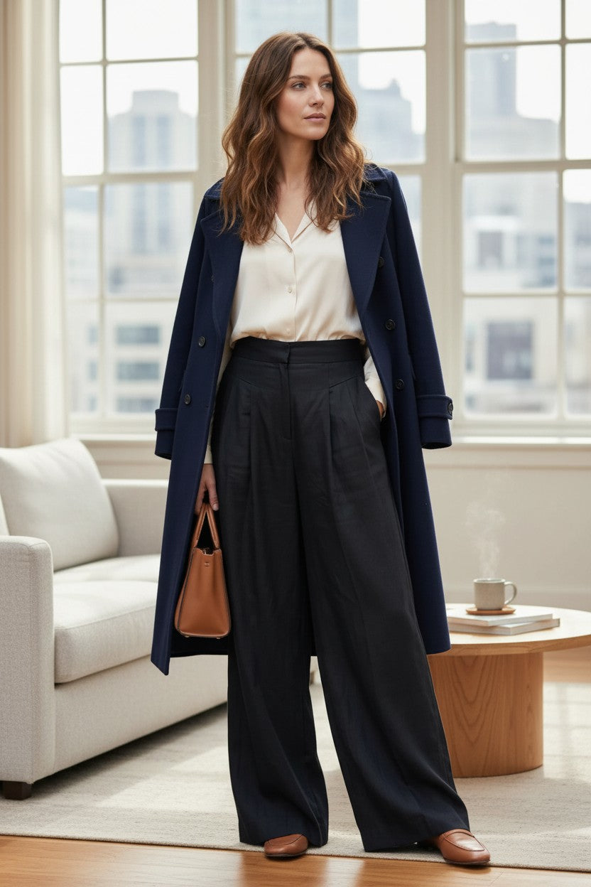 Navy linen-blend wide-leg trousers, high-waist with pleated front and wide legs