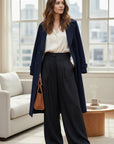 Navy linen-blend wide-leg trousers, high-waist with pleated front and wide legs
