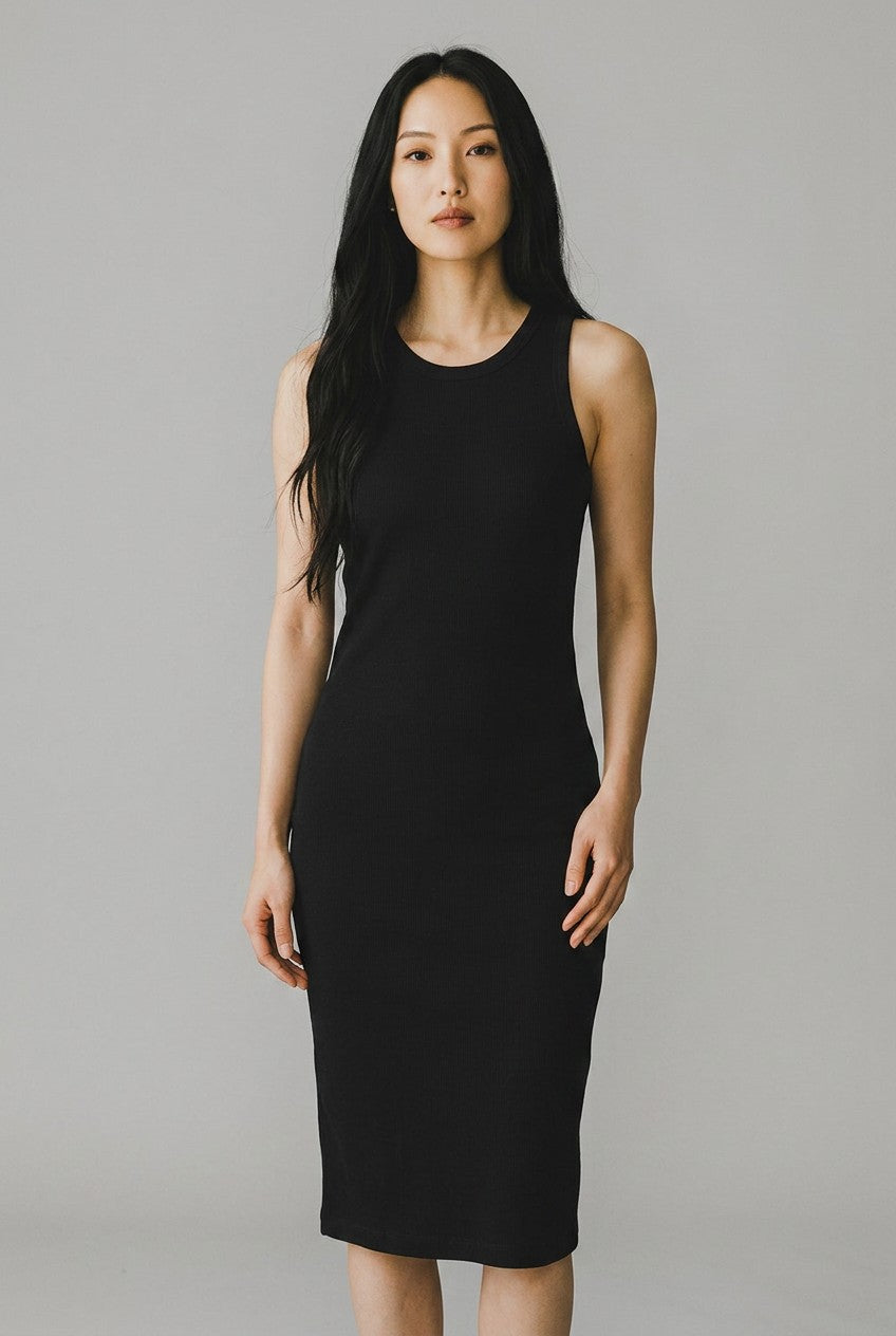 Black sleeveless ribbed knit midi dress, crew neck, smooth fitted front.