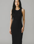 Black sleeveless ribbed knit midi dress, crew neck, smooth fitted front.