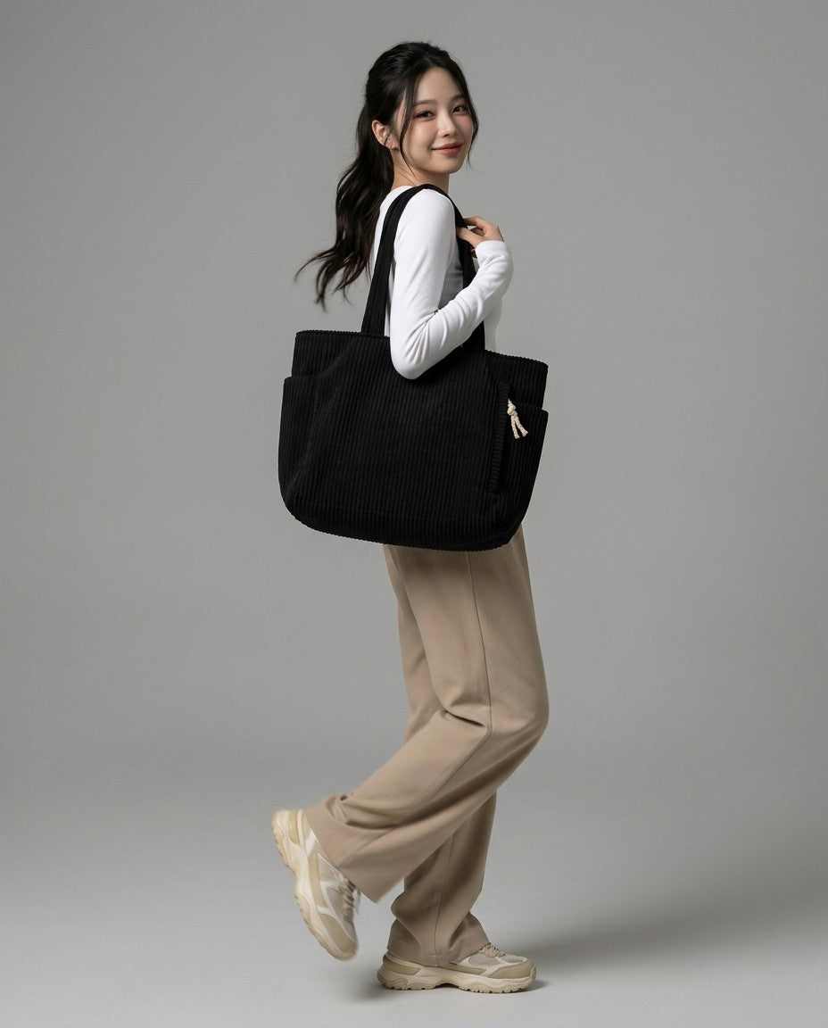 Corduroy tote bag in black with ribbed texture, two top handles, and side pocket