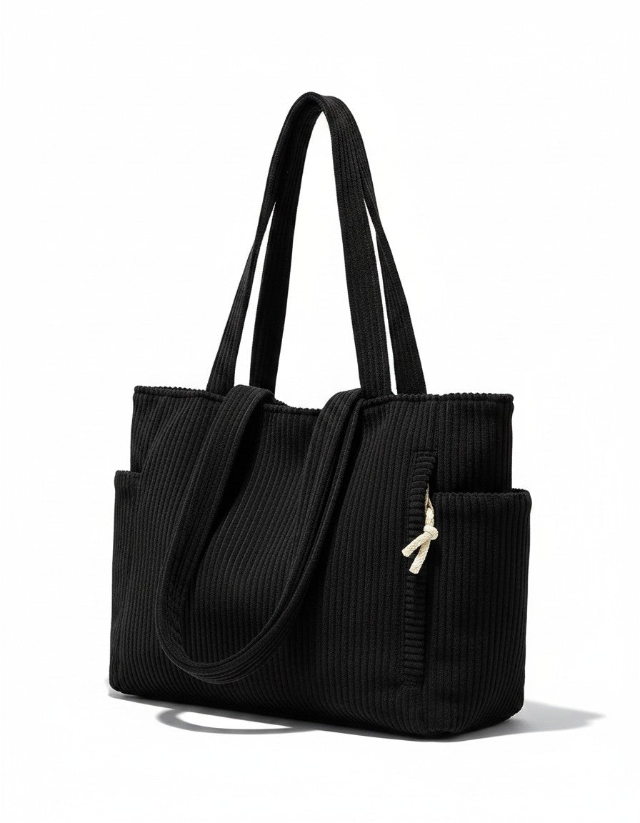Corduroy tote bag in black with ribbed texture, two top handles, and front pocket