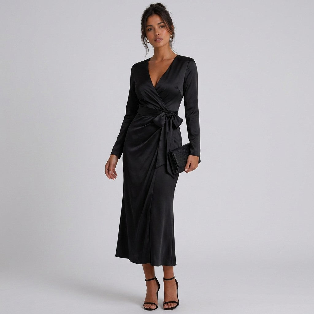 Black satin midi wrap dress with V-neck, long sleeves, tied waist and slit hem.