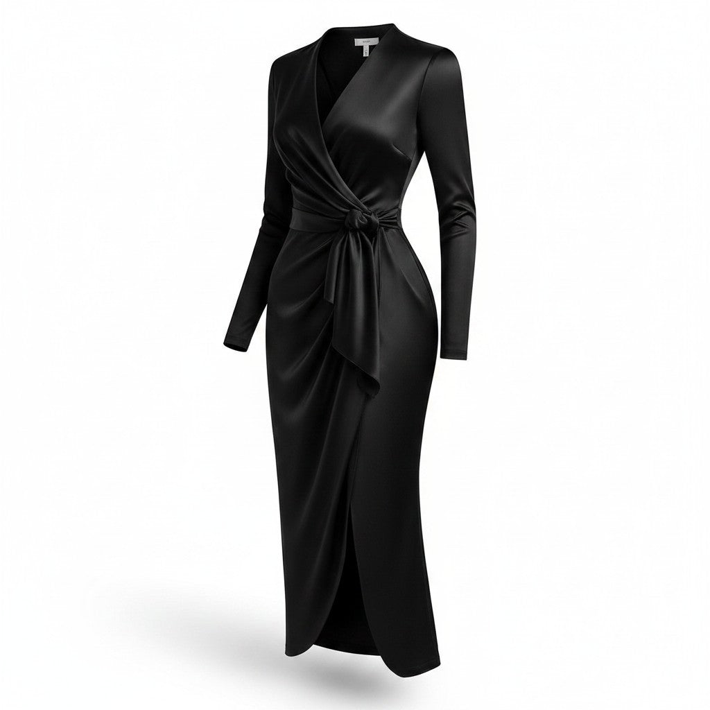 Black satin midi wrap dress with V-neck, long sleeves, tied waist bow and slit.