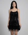 Black sequin mini dress with spaghetti straps and feather fringe hem