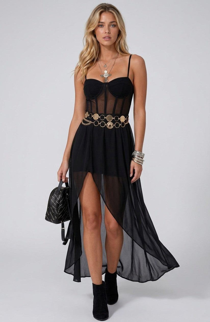 Women's Sheer Chiffon Maxi Dress | Elegant Corset Bodice Evening Gown 1