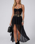 Black sheer chiffon maxi dress with corset-style bodice and halter straps, slit skirt