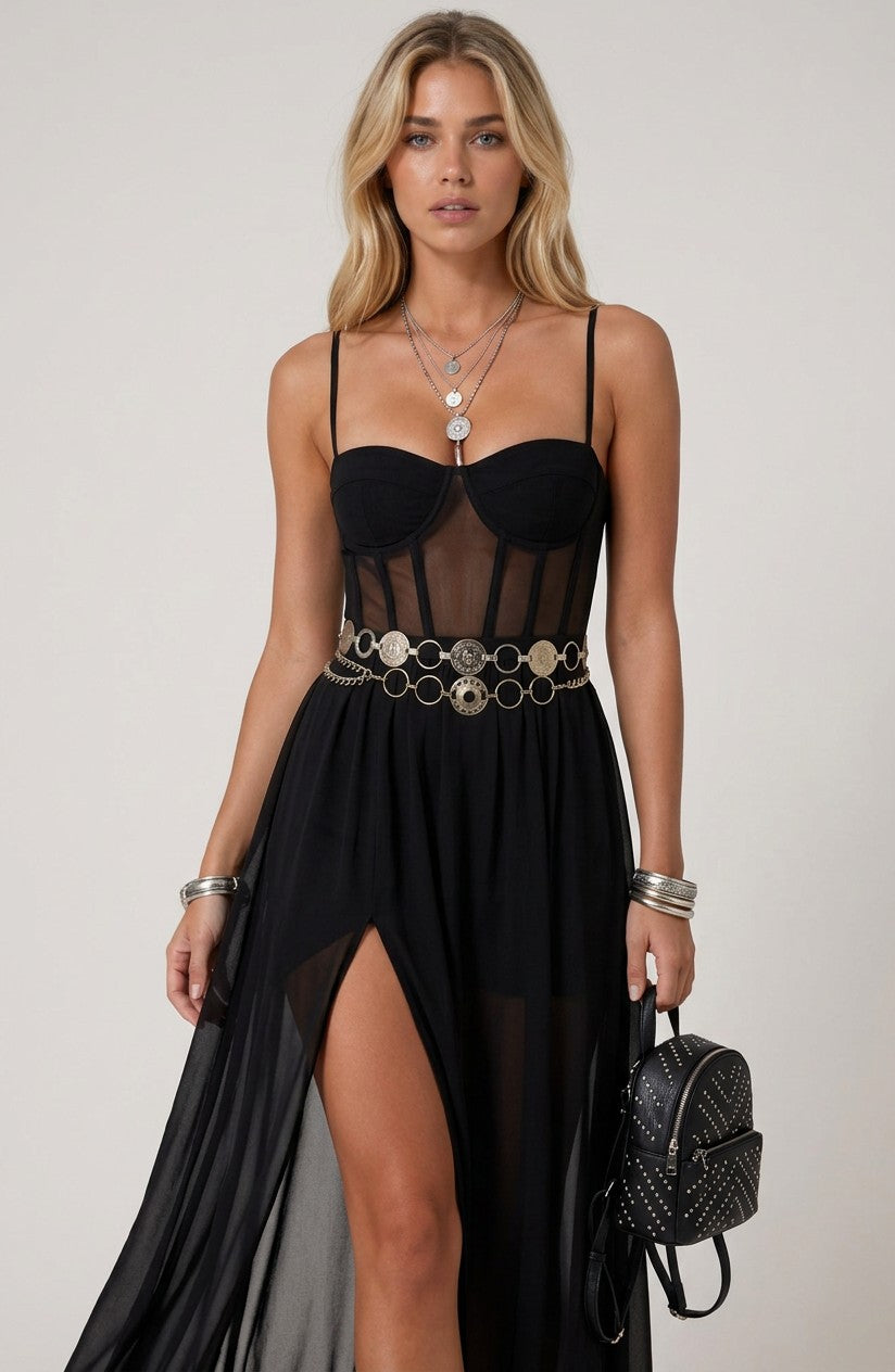 Women's Sheer Chiffon Maxi Dress | Elegant Corset Bodice Evening Gown 3