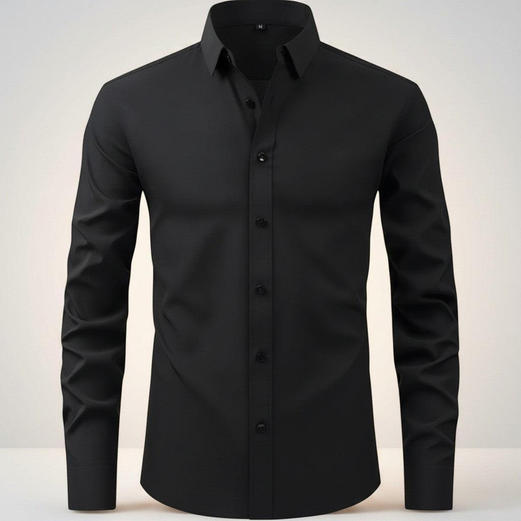 Men's slim-fit stretch dress shirt, dark button-front long sleeves, pointed collar.