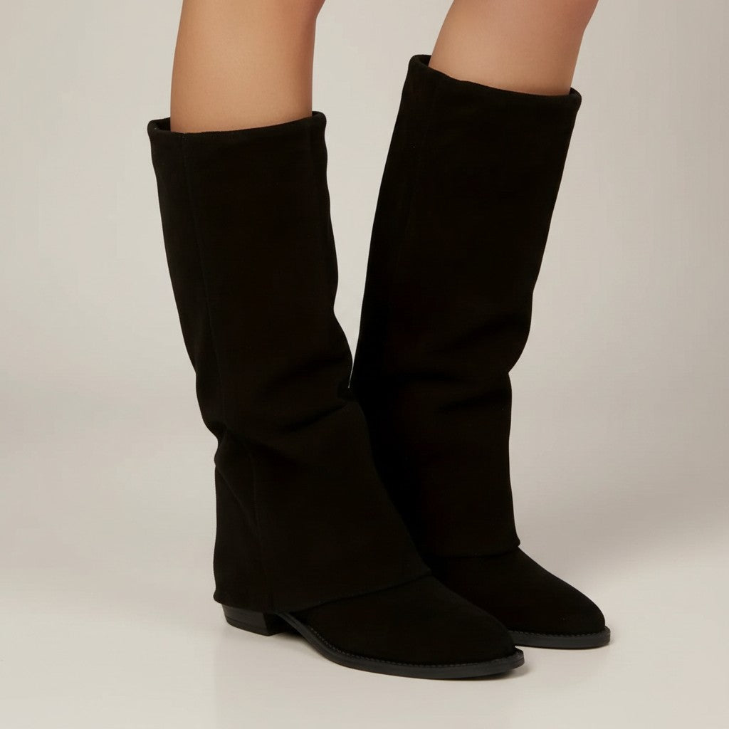 Black knee-high chunky heel boots, suede-look, close-up pair with flat sole